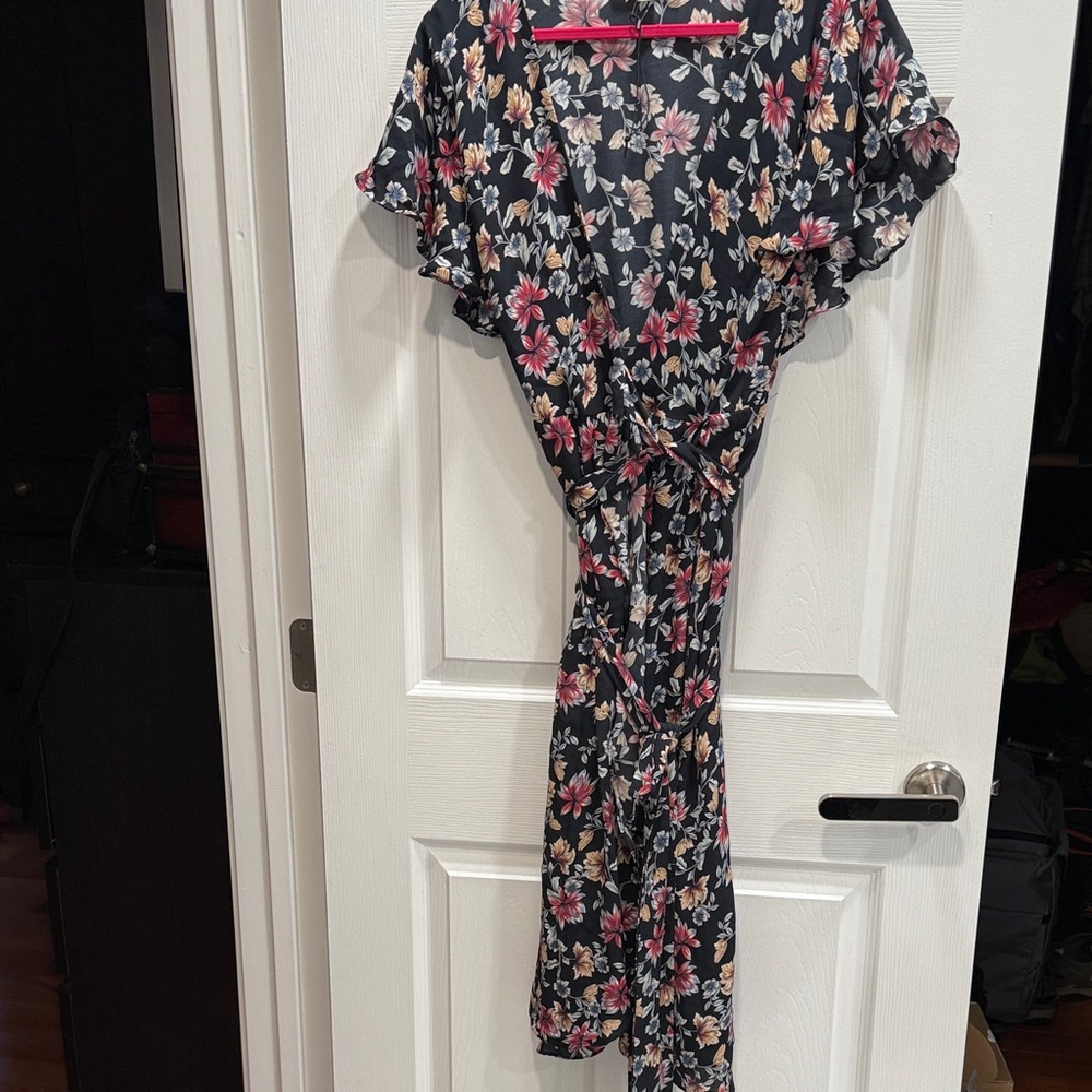 Amour Vert Black Floral Midi Dress with Pink and Cream Flowers